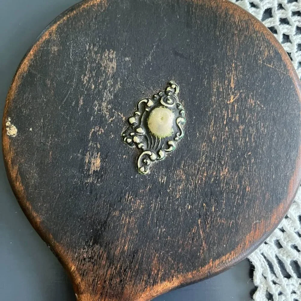 Vintage Wooden and Silver Vanity Hand Mirror Rustic Victorian Decor